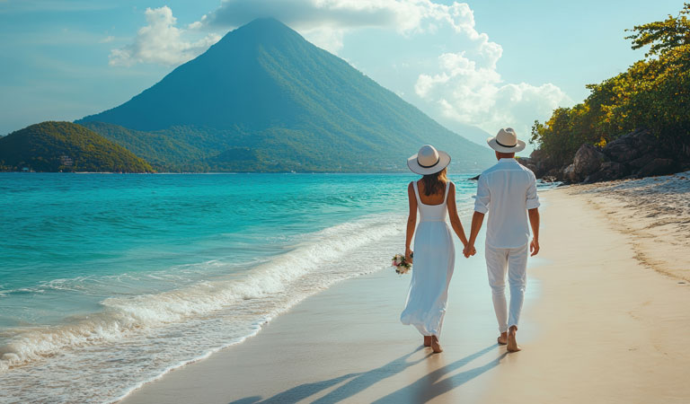 Ein roter Leuchtturm steht ruhig an einem sonnigen Sandstrand mit klarem Wasser