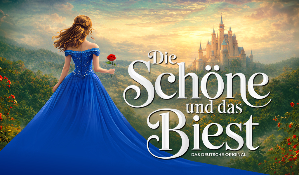 Eine Frau im blauen Kleid hält eine rote Rose und blickt auf ein Schloss im Sonnenlicht