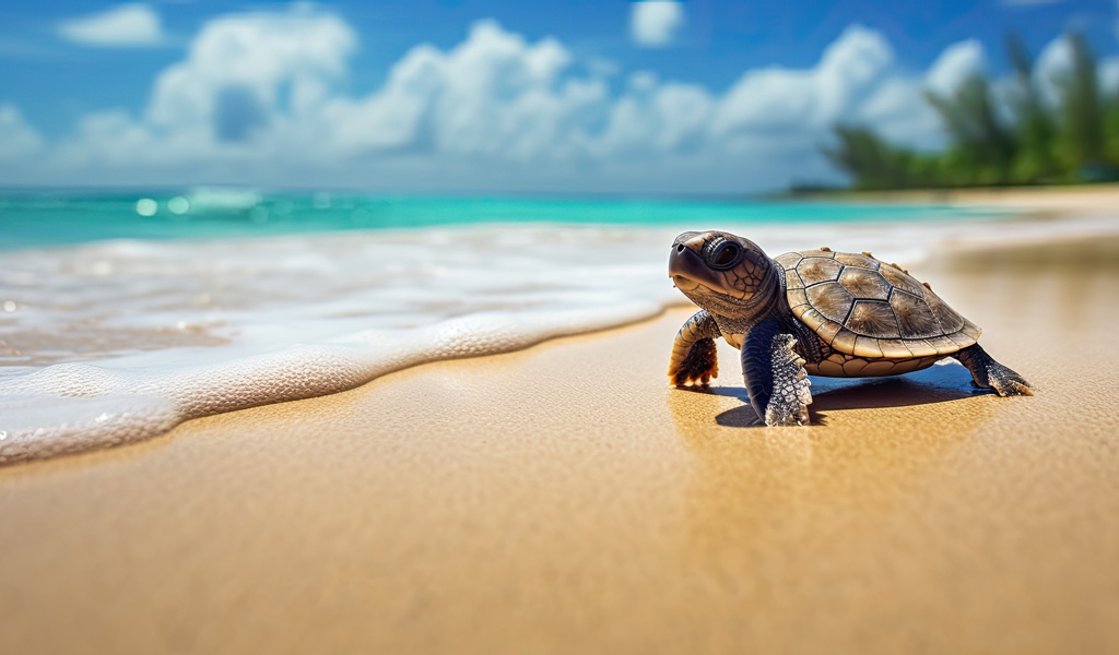 Ein roter Leuchtturm steht auf einer grünen Düne an einem ruhigen Sandstrand