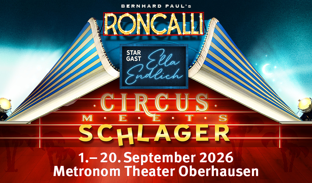 Zirkuszelt in Blau und Weiß mit Lichtern und rotem Schriftzug Circus meets Schlager