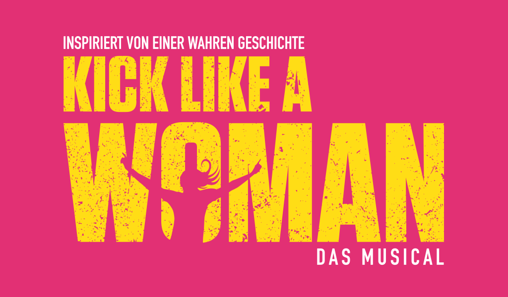 Gelber Schriftzug Kick Like a Woman auf pinkem Hintergrund mit einer Frauensilhouette