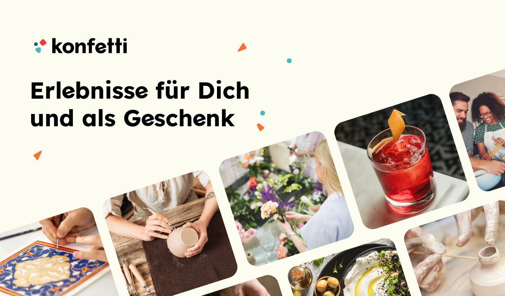 Eine Frau beim Blumenarrangement, ein roter Cocktail, Hände beim Töpfern und Basteln
