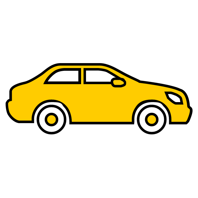 Gelbes Auto mit vier Rädern auf schwarzem Hintergrund und einfachem Design