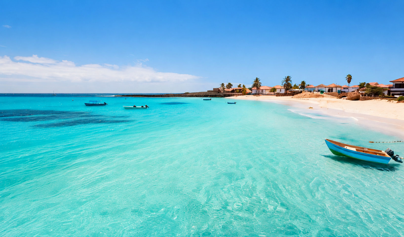 Türkises Meer mit ruhigen Wellen, ein Boot am Strand und Häuser im Hintergrund