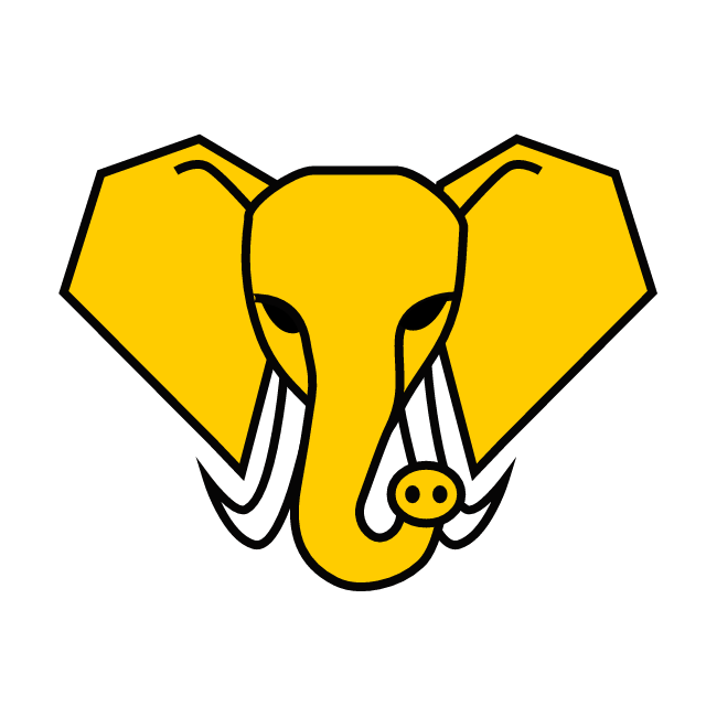 Ein gelbes stilisiertes Elefantenkopf Logo mit weißen Stoßzähnen auf schwarzem Hintergrund