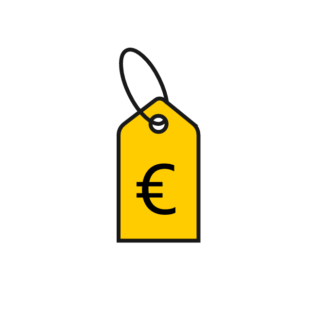 Ein gelbes Preisschild mit schwarzem Eurozeichen und einer schlichten Schnur
