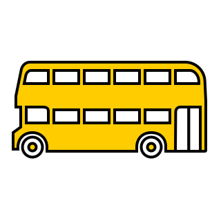 Ein gelber Doppeldeckerbus mit großen Fenstern und zwei Ebenen, klar gezeichnet