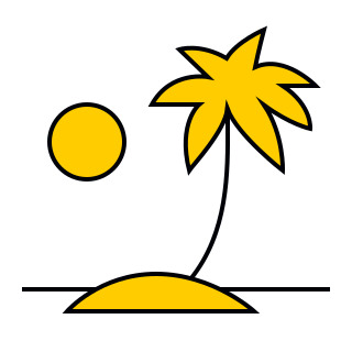 Eine stilisierte Palme mit gelber Sonne, gelbem Sand und schwarzer Umrandung