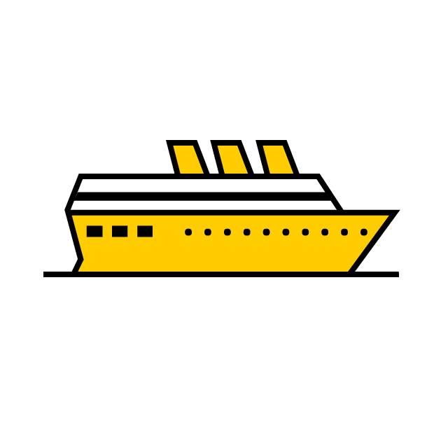 Ein stilisiertes gelbes Kreuzfahrtschiff mit schwarzen und weißen Details auf Schwarz