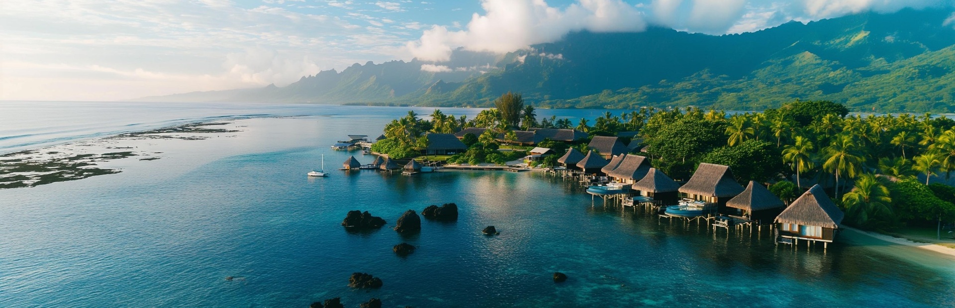Panorama von tropischen Bungalows am blauen Meer mit grünen Bergen im Hintergrund