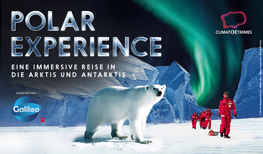 Eine Gruppe Forscher in roten Anzügen steht neben einem weißen Eisbären vor Polarlichtern