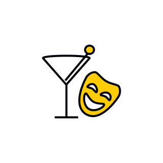 Ein gelbes lachendes Maskensymbol steht neben einem Martini Glas mit Olive