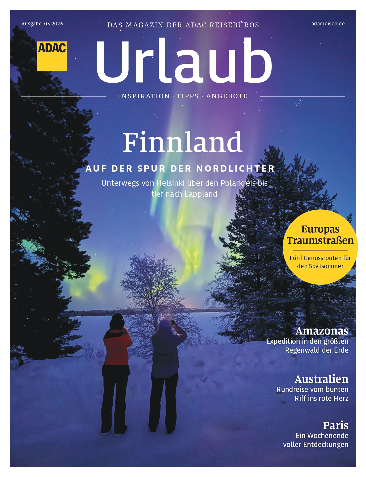 Zwei Personen sehen in dunkler Kleidung fasziniert die grünen Polarlichter am Himmel