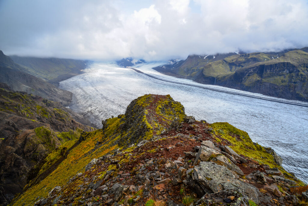 Eine felsige Bergspitze mit grünem Moos und einem weitläufigen Gletscher im Hintergrund