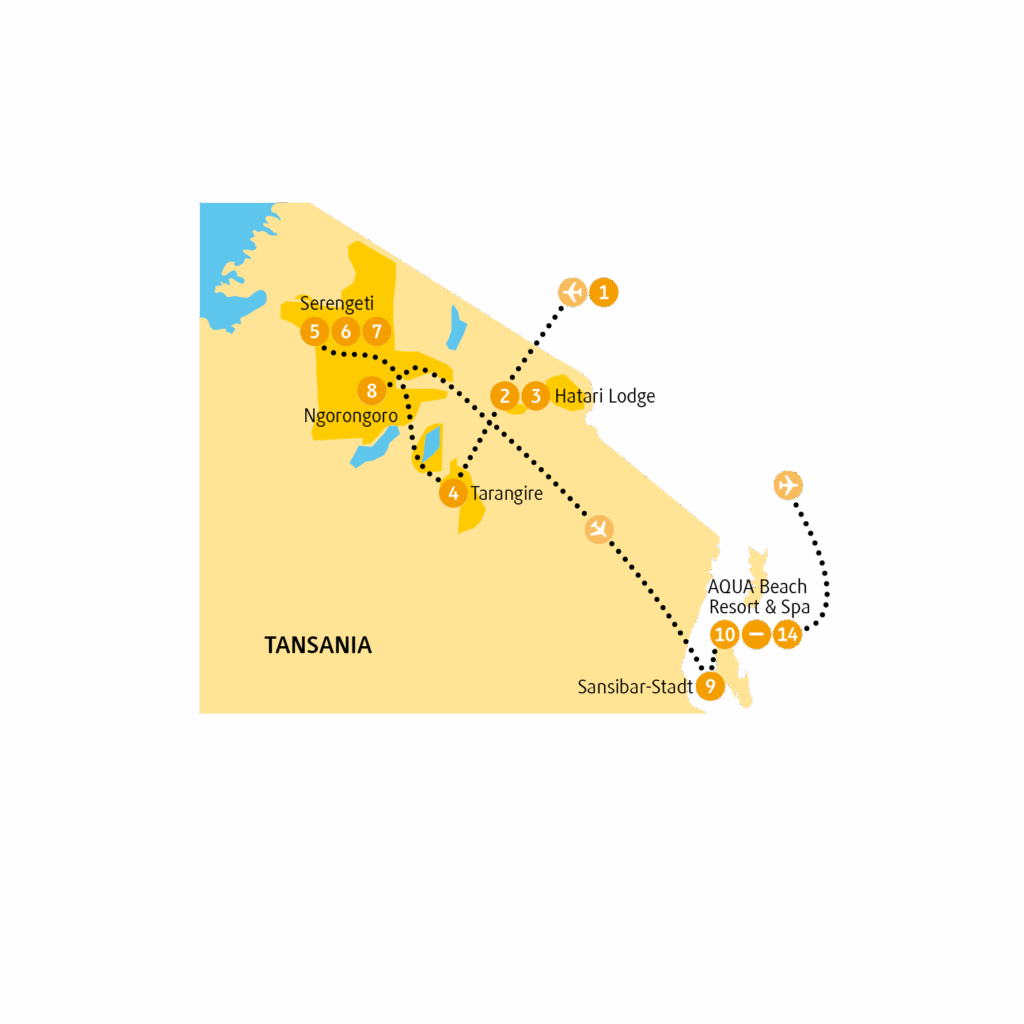 Eine helle Landkarte von Tansania mit markierten Reiserouten und Standorten