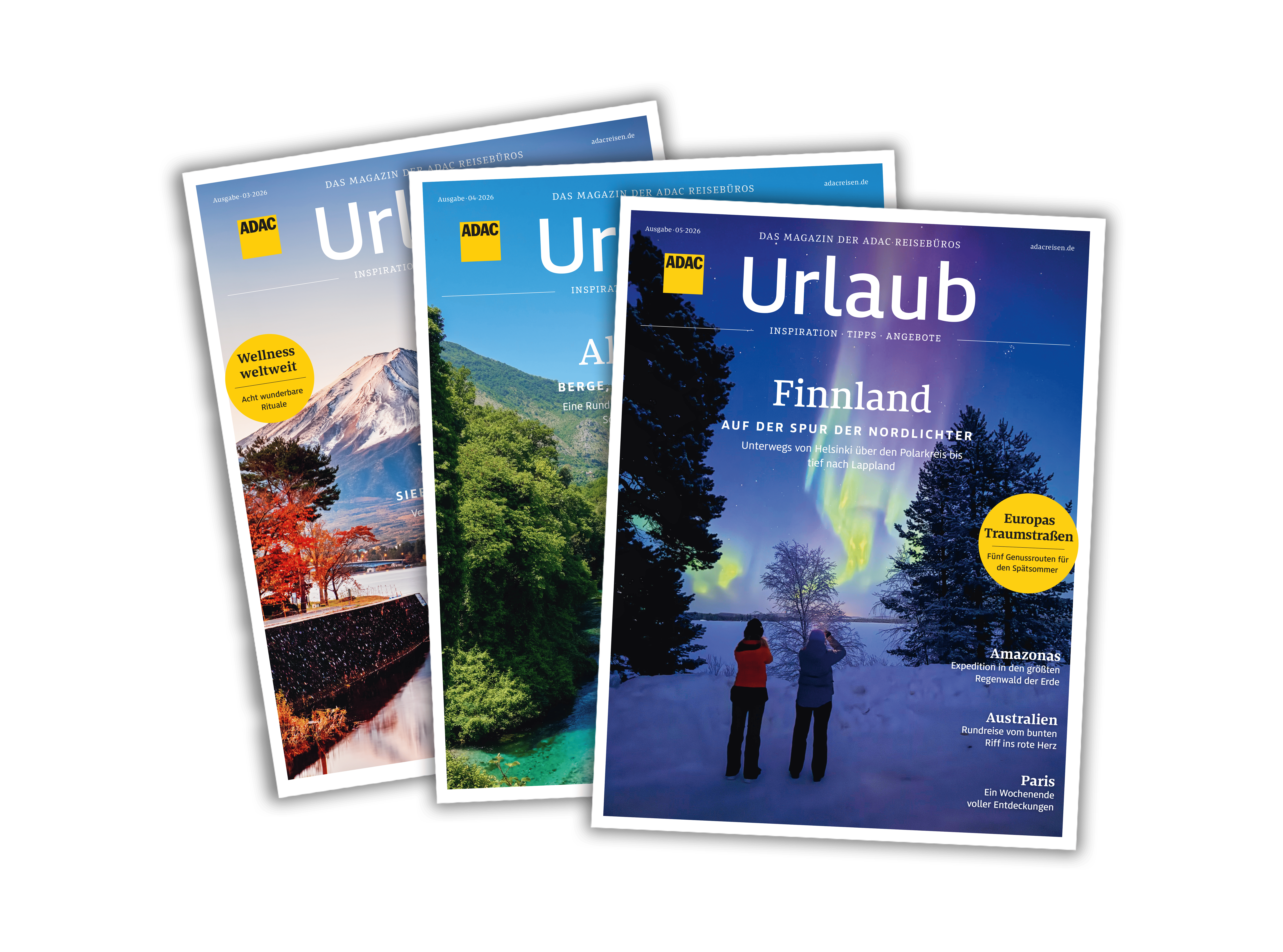 Drei ADAC Urlaubsmagazine zeigen Natur, bunte Farben und Reisefreude vor Aurora