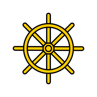 Ein gelbes Steuerrad mit schwarzen Umrissen zeigt acht Speichen und wirkt maritim