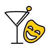Ein stilisiertes Cocktailglas mit Olive neben einer gelben lachenden Theatermaske