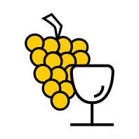 Ein Glas Wein steht neben einem gelben Traubenbündel, grafisch dargestellt