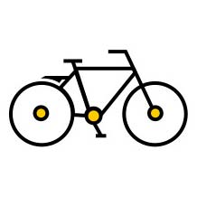 Ein einfaches Fahrrad mit schwarzen Linien und gelben Akzenten auf weißem Hintergrund