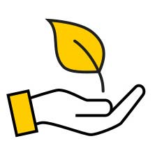 Eine stilisierte Hand hält ein gelbes Blatt, beide mit schwarzen Konturen