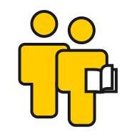 Zwei gelbe stilisierte Personen, eine hält ein offenes Buch, keine Gesichtszüge