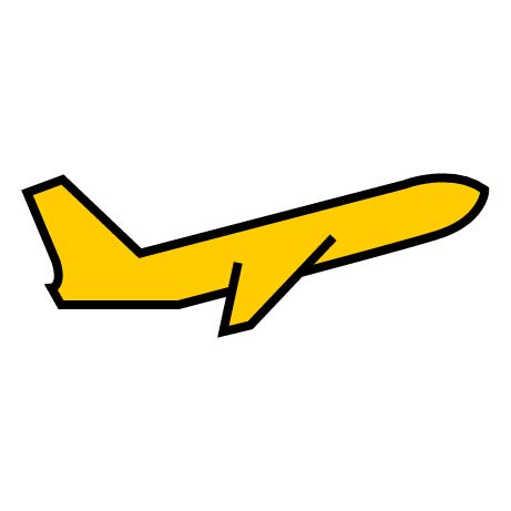Gelbes Flugzeug Symbol mit schwarzer Umrandung, schlicht und modern gestaltet