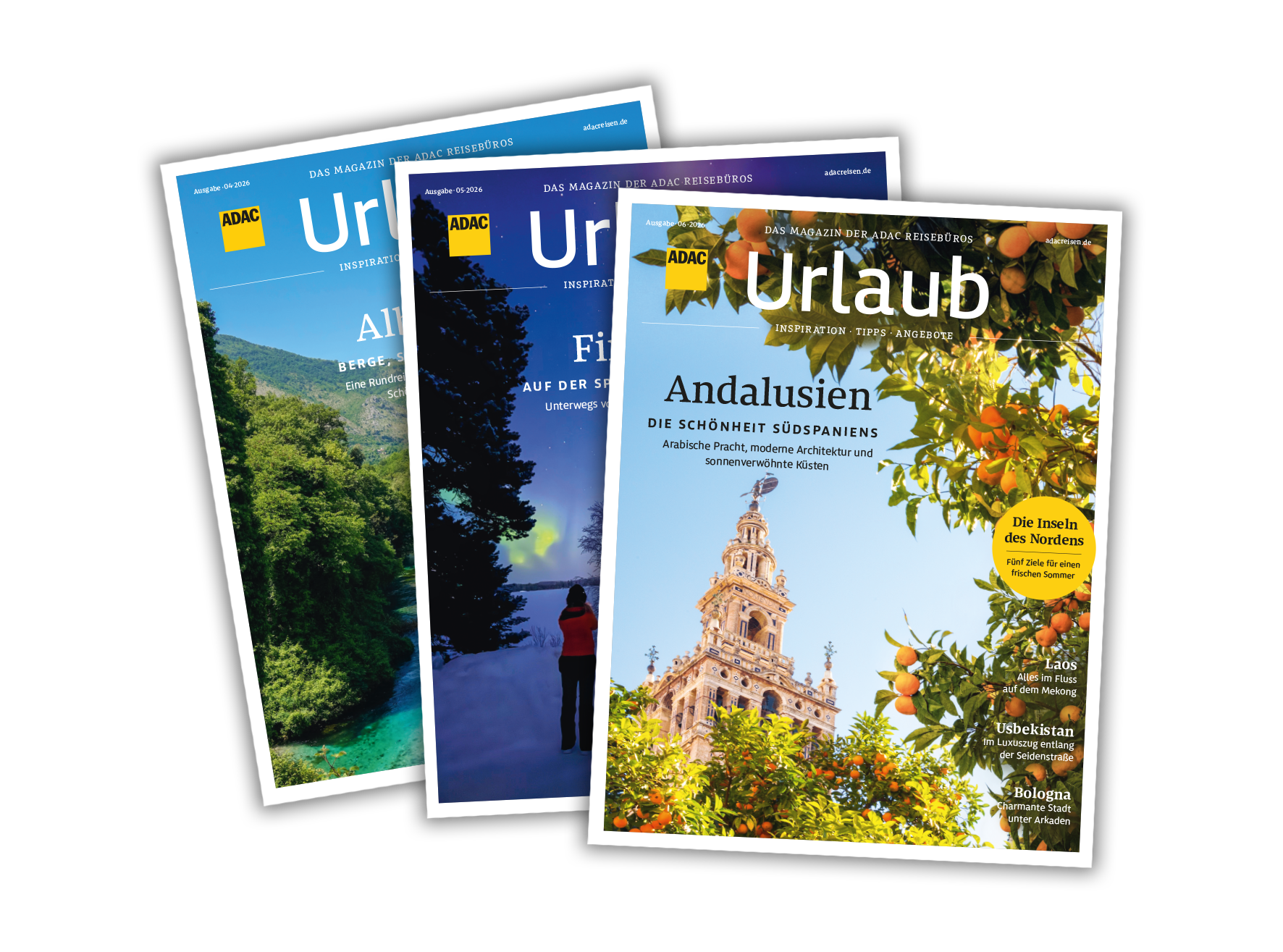 Drei ADAC Urlaub Magazine mit Natur, Architektur und Menschen, farbenfrohe Titelbilder